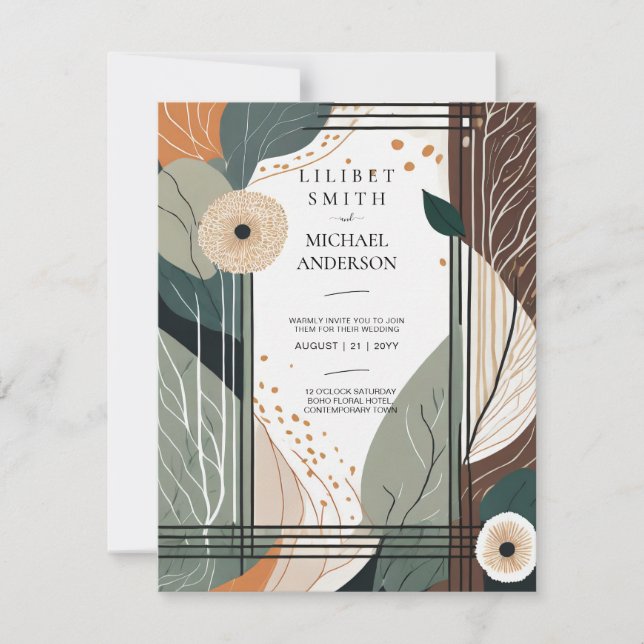 Convite Abstrato de Casamento Escandinavo Japandi Brown (Frente)