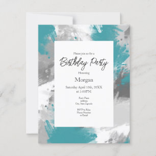 Convite Abstrato de Cinza Teal Brushstrokes