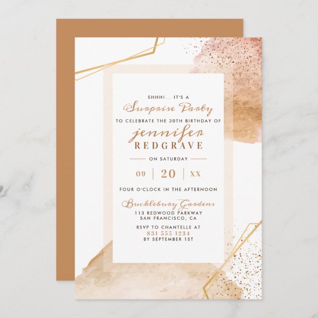 Convite Abstrato de de Ouro de Chic - Parte Surpresa Única (Frente/Verso)