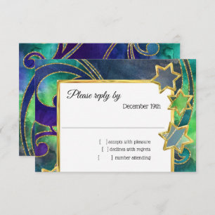 Convite Abstrato de estrela Dourada RSVP Verde Azul