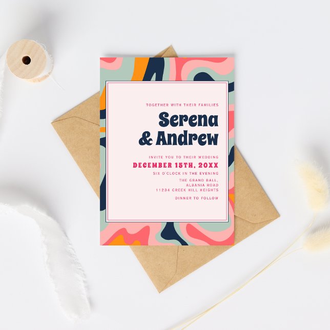 Convite Abstrato de penteado rosa retro 70s Pastel (Criador carregado)