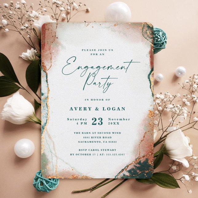 Convite Abstrato Eetéreo, Festa de noivado de cobre (Teal and Copper Engagement Party Invitation)