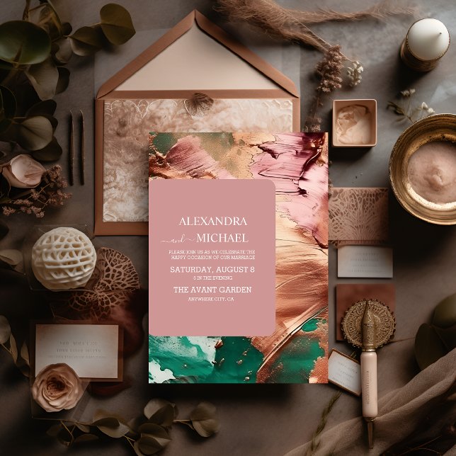 Convite Abstrato emerald green rosa dourado (Criador carregado)