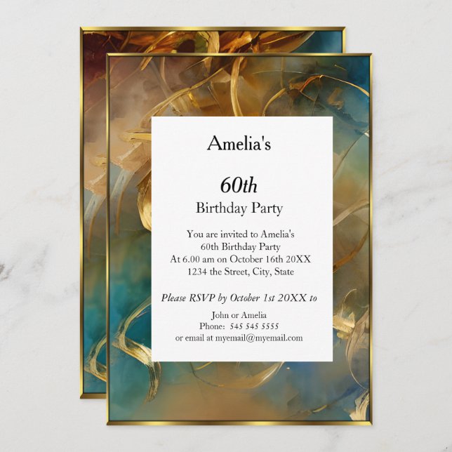 Convite Abstrato Festa de aniversário ouro azul-lacre mode (Frente/Verso)