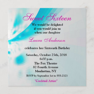 Convite Abstrato Floral Azul-Branco-Rosa Moderno Doce 16º