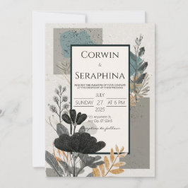 Convite Abstrato Floral Dourado Geométrico Casamento