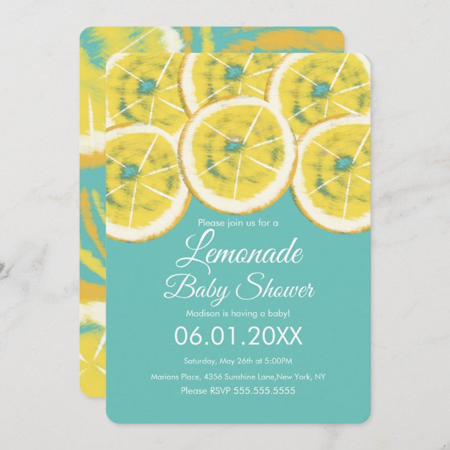Convite Abstrato Lemon Citrus Lemonade Chá de fraldas Rosa (Frente/Verso)