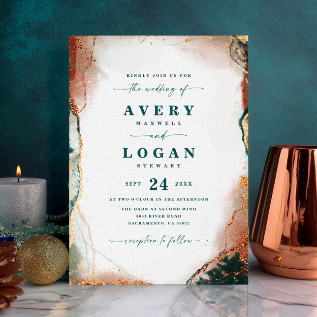 Convite Abstrato moderno de cobre e Casamento outono Doura (Teal and Copper Abstract Wedding Invitation)