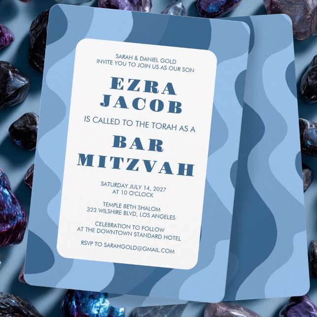 Convite Abstrato Moderno de Ondas Azuis - Bar Personalizad (Blue Waves Modern Abstract Custom Bar Mitzvah Invitation
)