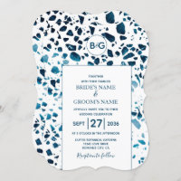 Abstrato moderno Terrazzo Mosaic Blue Wedding Invi