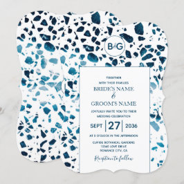 Convite Abstrato moderno Terrazzo Mosaic Blue Wedding Invi