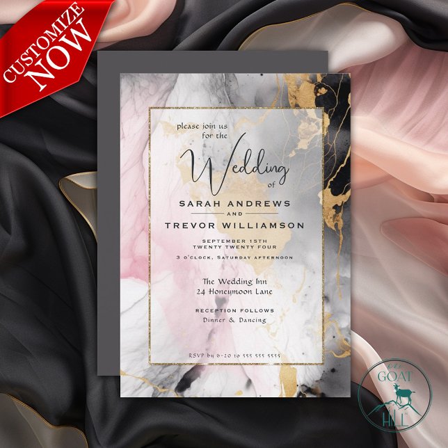 Convite Abstrato Paint Black Dourado Rosa a rosa (Easy to Personalize Template)