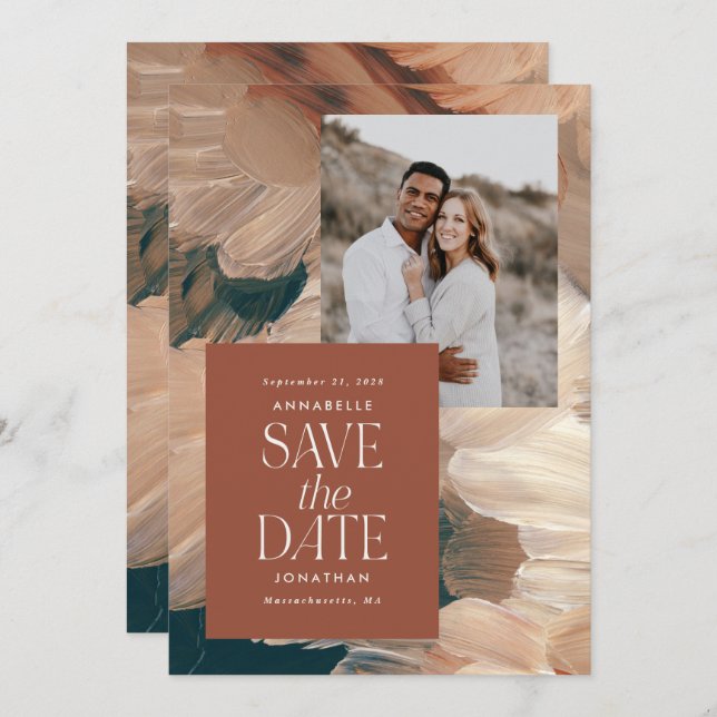 Convite Abstrato pintou foto-chic teal terracotta moderna (Frente/Verso)