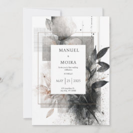 Convite Abstrato Preto Branco Floral Geométrico Casamento