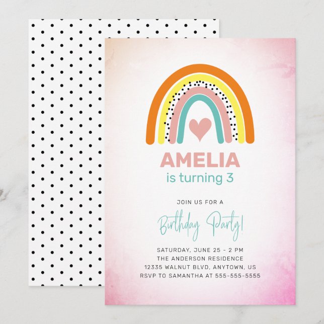 Convite Abstrato Rainbow Girls aniversário de 3 anos Party (Frente/Verso)