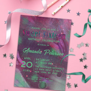 Convite Abstrato Sparkly Glam Magenta Green Sweet 16