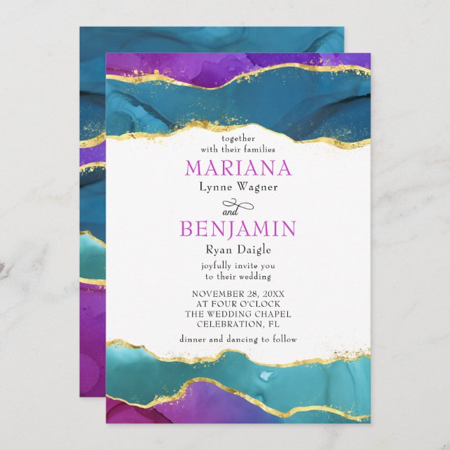 Convite Abstrato Watercolor Ink Fuchsia Tea Rosa Dourada I (Frente/Verso)