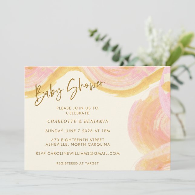 Convite Abstrato Watercolor Paint Chá de fraldas rosa (Em pé/Frente)