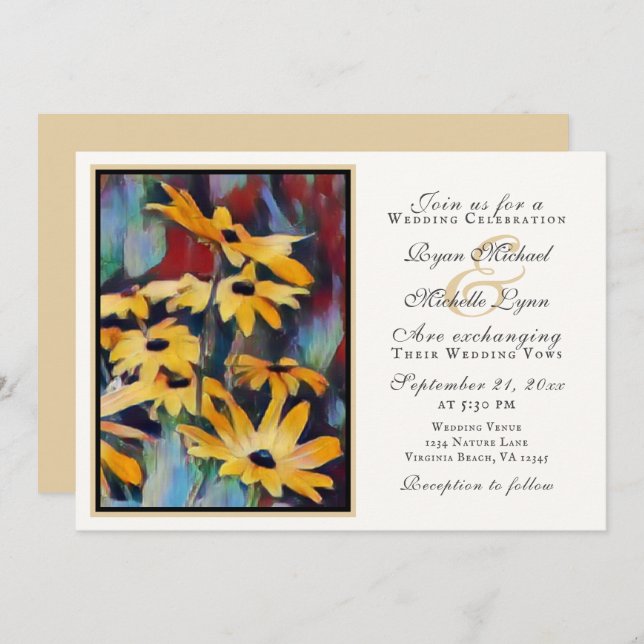 Convite Abstrato Yellow Daisy Floral Art Weding (Frente/Verso)