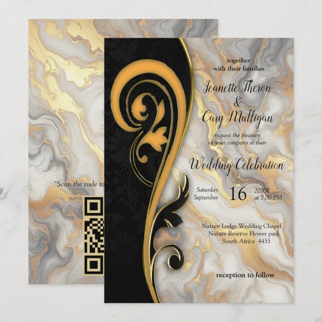 Convite Abstratos Dourados em Texturas Márteis Pretas e Mi (Frente/Verso)