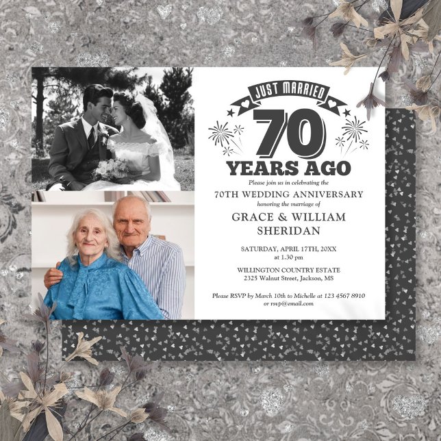 Convite Acaba de Casar Aniversário de 70 Anos de Casamento (Just Married 70th Wedding Anniversary 2 Photo Invitation)