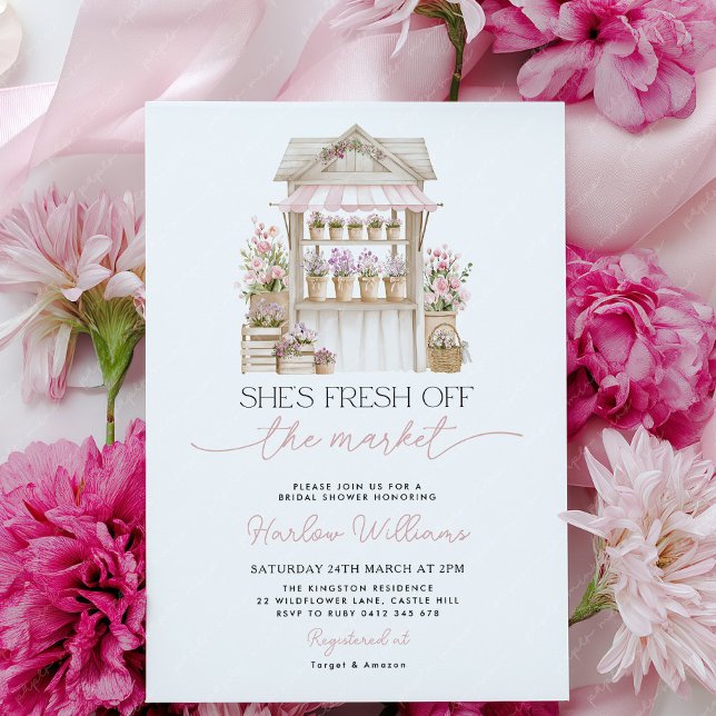 Convite Acabada de Chegar ao Mercado Flor Rosa Chá de Noiv (She's fresh off the market! Flower cart Bridal Shower Invitation | Pink Flowers)