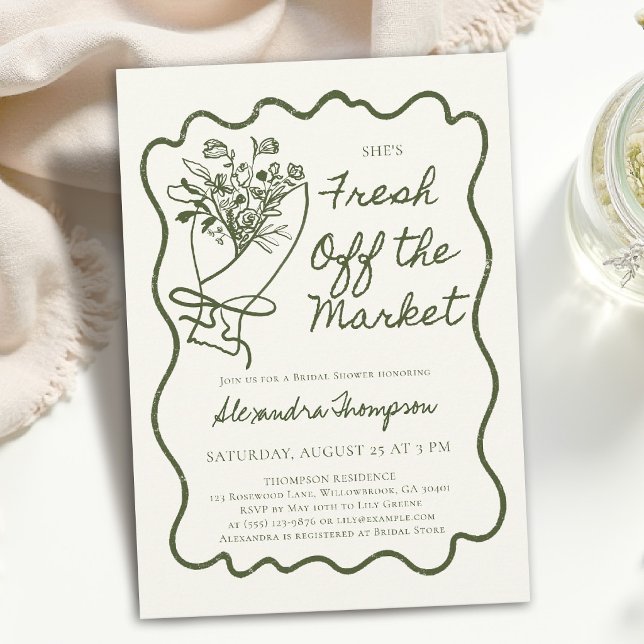 Convite Acabado de Chegar ao Mercado Conjunto de Desenho p (fresh off the market bridal shower invitation green hand drawn frame handwritten flower bouquet)