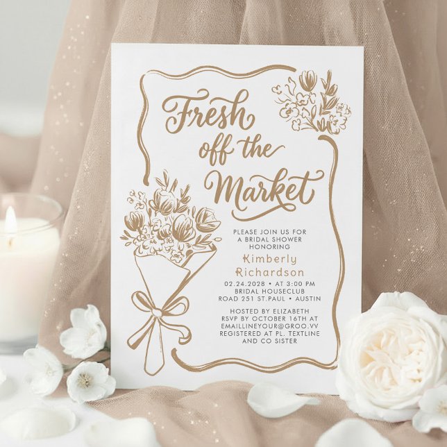 Convite Acabado de Chegar ao Mercado Divino Chá de Panela  (Light Brown Fresh Off The Market Hand Drawn Bridal Shower Invitations)