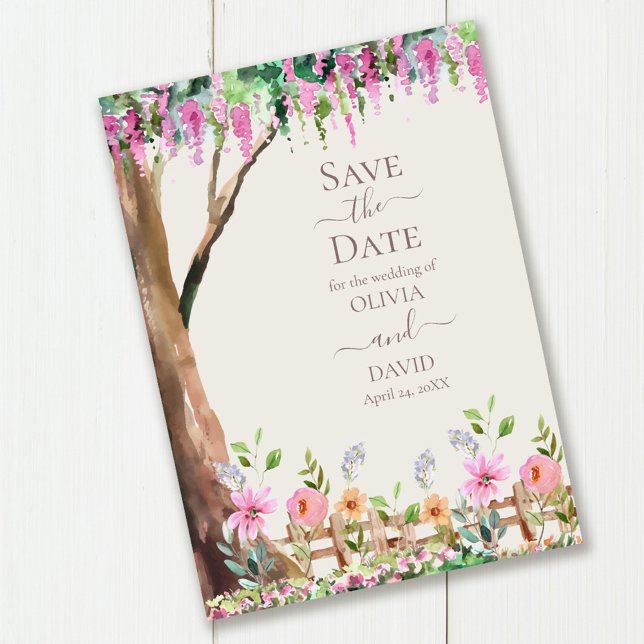 Convite Acacia on a Wildflower Field Save the Date Card (Acacia on a Wildflower Field Save the Date Card on wooden table.)