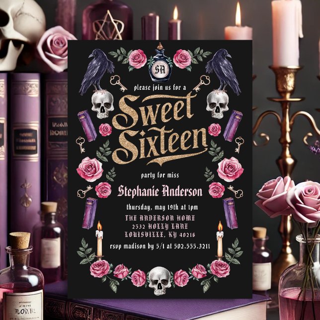 Convite Academia Sombria Dourada Floral Sweet 16 (Criador carregado)