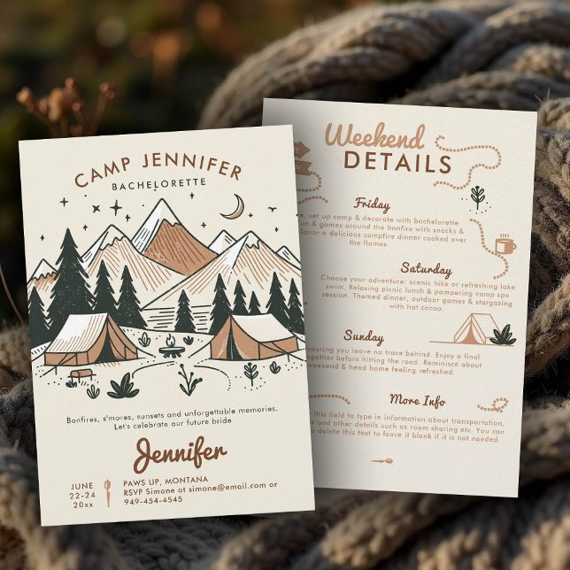 Convite Acampamento de acampamento com Festa de solteira d (camp bachelorette invitation itinerary earthy terracotta hand drawn bach camping glamping)