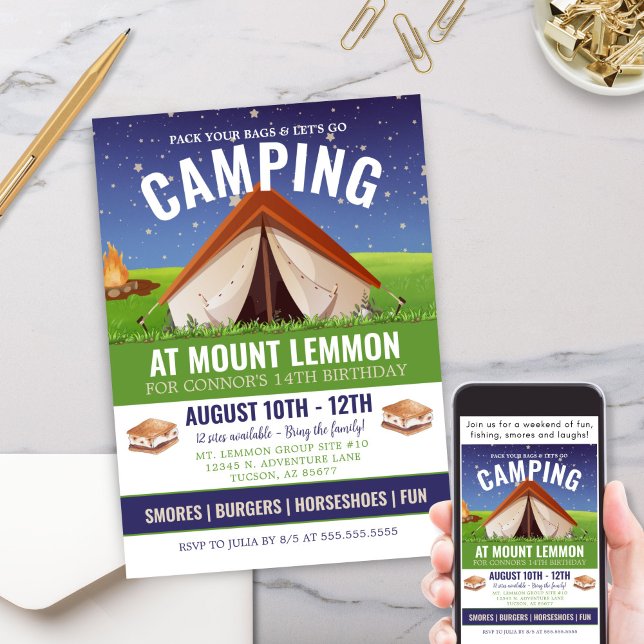 Convite Acampamento de Aventura Escamoteia Fora de Anivers (Camping Adventure Weekend Getaway Camp Out Invitation with Smores Starry Sky and Campfire)