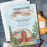 Convite Acampamento de Vintage do Camper Feliz primeiro an<br><div class="desc">Um primeiro aniversario Feliz para Camper Party Convide com ilustração aquosa de uma camper vintage decorada com o bunting. A carrinha de camper está em uma área arborizada com árvores e rochas na borda d'água. Fácil de editar com o nome da feliz câmera e os detalhes do convite de aniversário....</div>