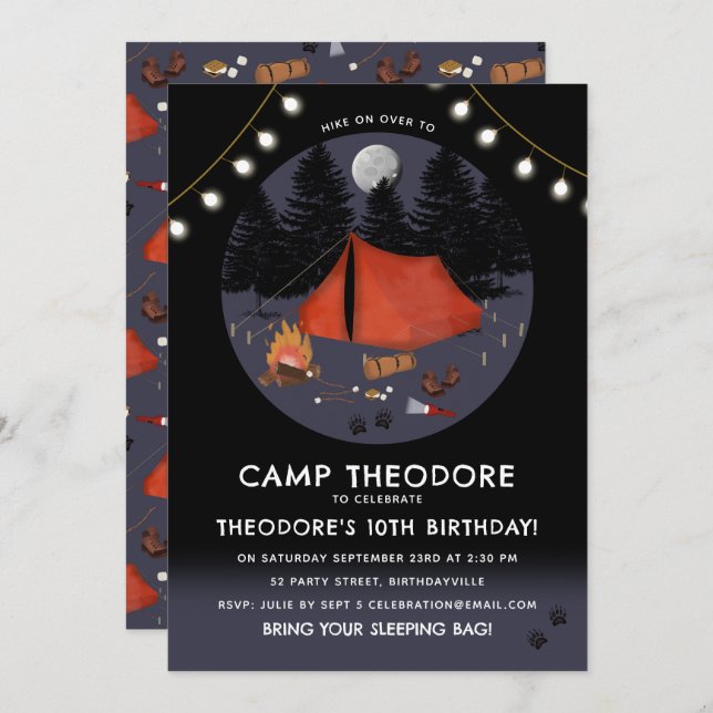 Convite Acampamento em Festa de aniversário de Campfire Ad (Frente/Verso)