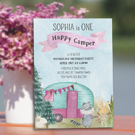 Convite Acampamento Feliz Camper Woodland primeiro anivers