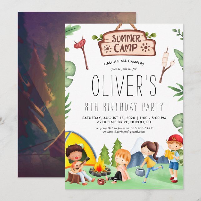 Convite Acampamento Infantil de Verão | Festa de Aniversár (Frente/Verso)