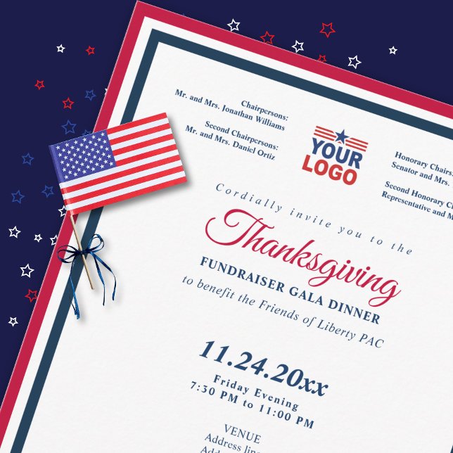 Convite Ação de Graças 2026 Janto Gala, Fundador Político (Patriotic Thanksgiving fundraiser gala dinner invitation close-up with decorative flag and ribbon)