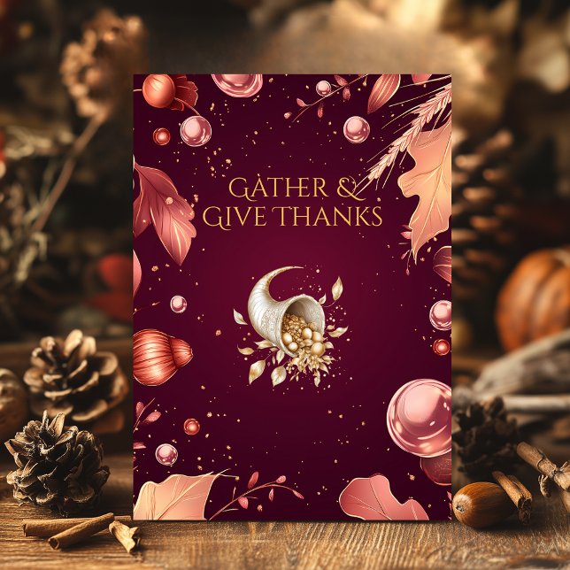 Convite Ação de Graças Burgundy com Cornucopia e Cobre (Criador carregado)