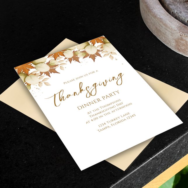 Convite Ação de Graças da Folhagem de outono Elegante Gree (Thanksgiving dinner invitation with fall Autumn greenery leaves and foliage. )