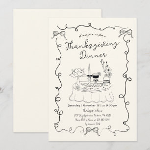 Convite Ação de Graças de Mesa de Janto Imporal Desenhada 