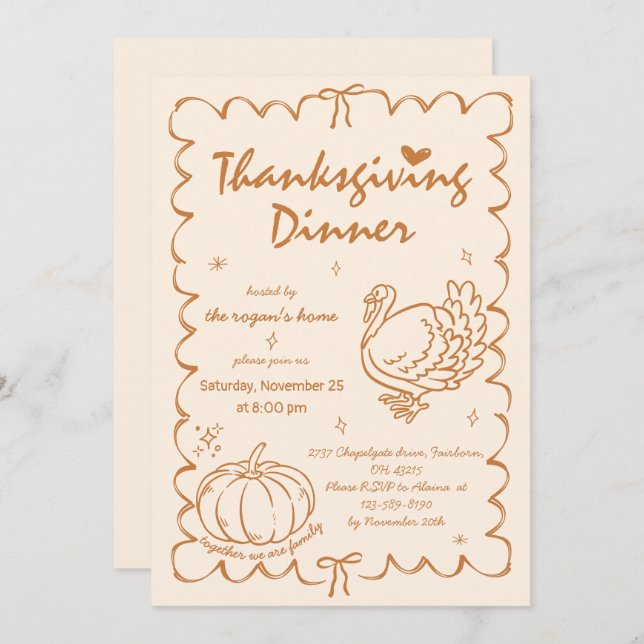 Convite Ação de Graças de Quirky Pumpkin na Turquia (Frente/Verso)