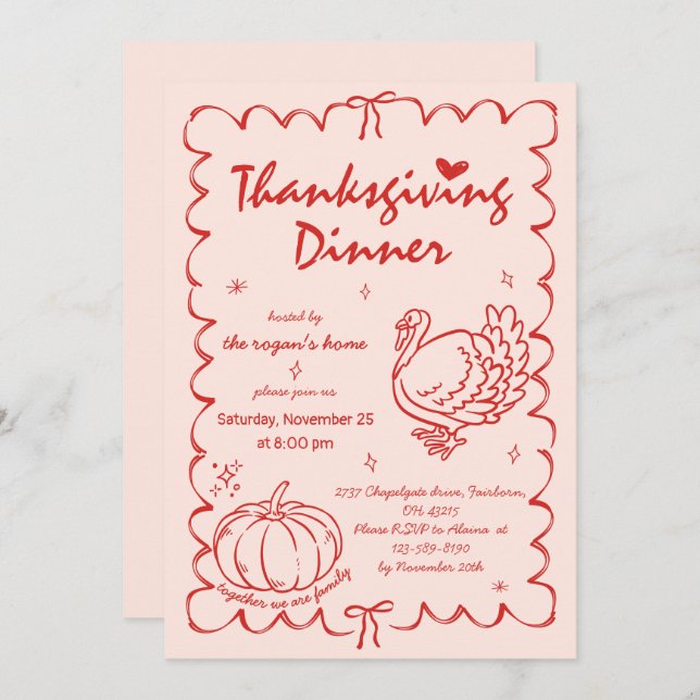 Convite Ação de Graças de Quirky Pumpkin na Turquia (Frente/Verso)