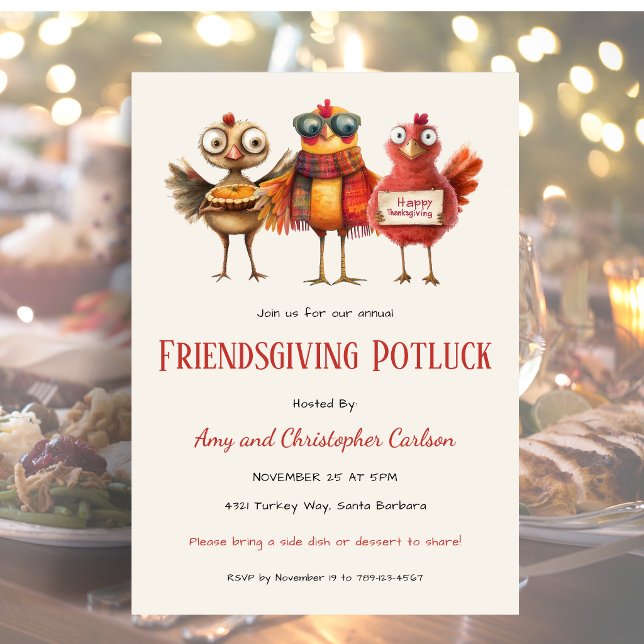 Convite Ação de Graças Friendsgiving Peru Potluck Fofo (Friendsgiving Thanksgiving potluck invite with cute quirky turkey trio.)
