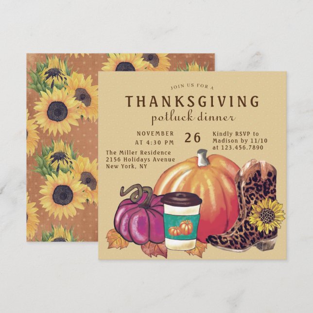 Convite Ação de Graças Janto Potluck Sunflower Pumpkin (Frente/Verso)