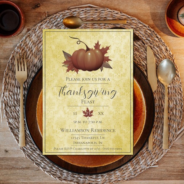 Convite Ação de Graças Pumpkin Damask | Janto amarelo (Thanksgiving Pumpkin Damask Dinner Invite - Yellow)