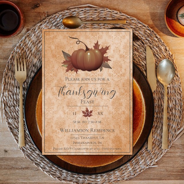 Convite Ação de Graças Pumpkin Damask | Janto laranja (Thanksgiving Pumpkin Damask Dinner Invite - Orange)