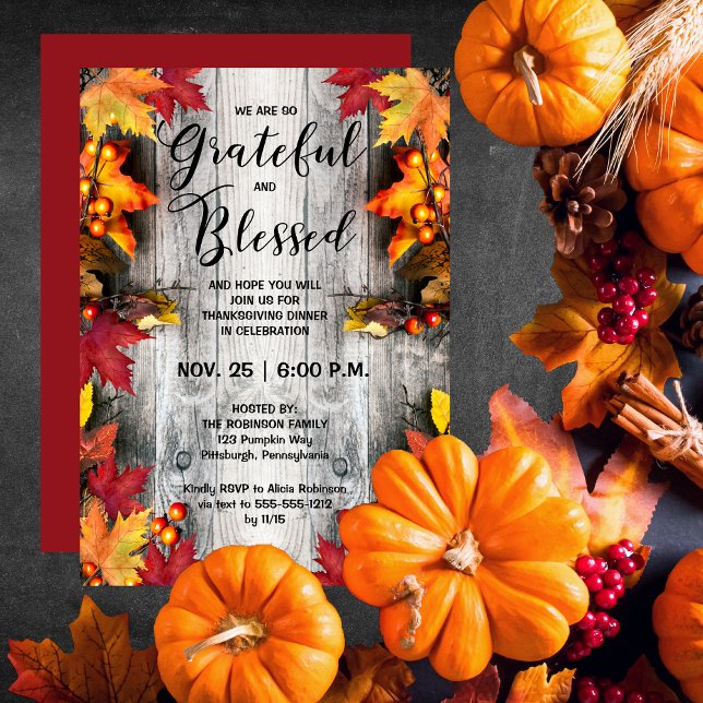 Convite Ação de Graças, Woodsy Rústico Jante Grateful Aben (Thanksgiving Dinner Rustic Woodsy Wood-Look and Leaves Grateful and Blessed Invitation)