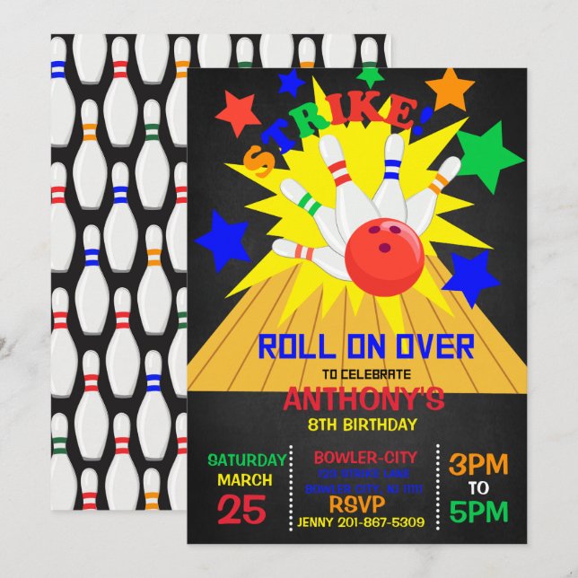 Convite Acender... FESTA DE ANIVERSÁRIO Boliche STRIKE (Frente/Verso)