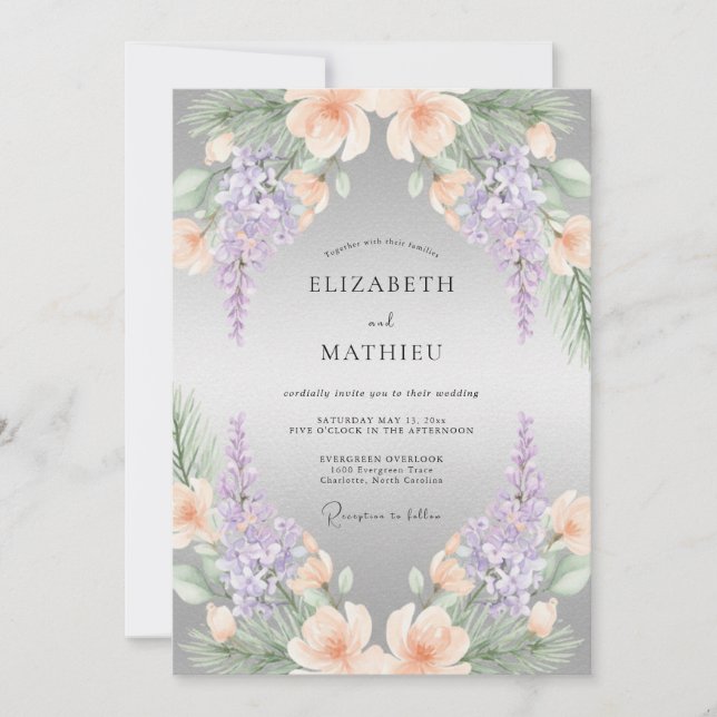 Convite Acento de Casamento de Lavanda e Flor de Pêssego (Frente)