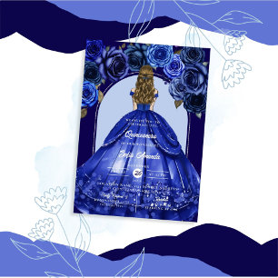 Convite Acento Floral Elegante Azul Real Festa Princesa